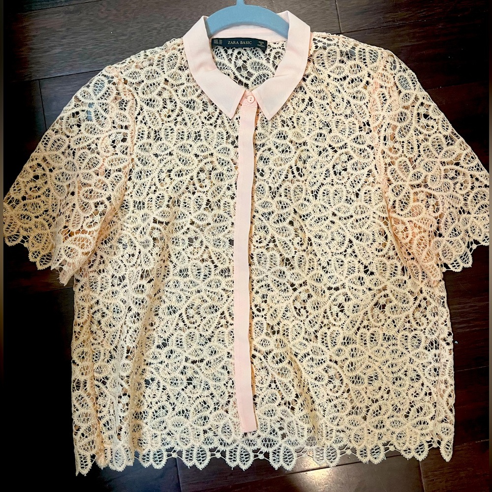 Zara Cream Lace Blouse with Pink Accents